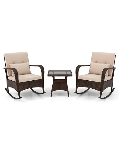 3 Piece Outdoor Rocking Set with Tempered Glass Table for Backyard Poolside