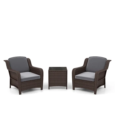 3 Pieces Outdoor Rattan Furniture Set with Cushions and Tempered Glass Table