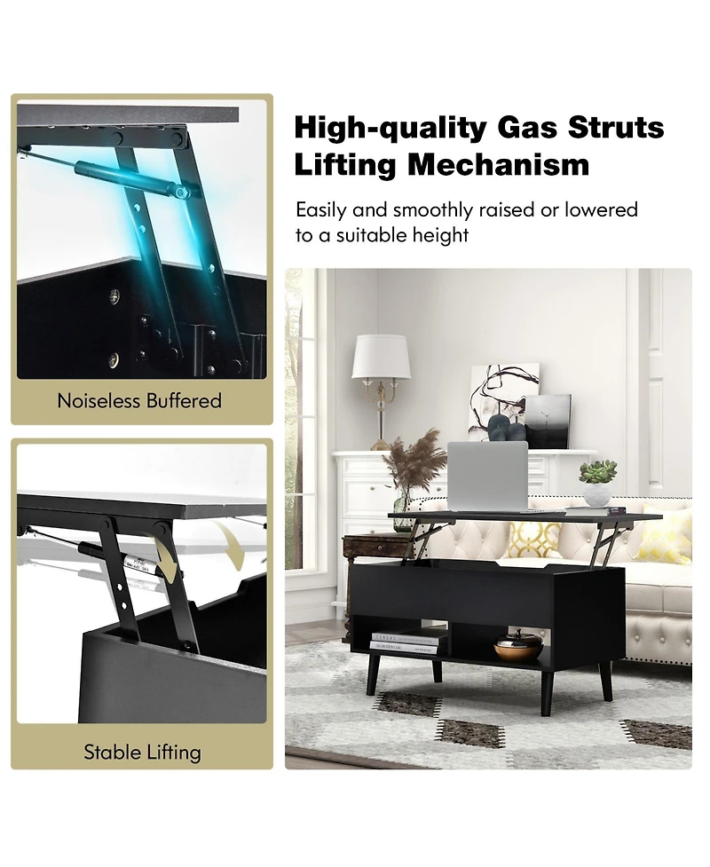 Gouun 31.5 Inch Lift Top Table with Hidden Compartment and 2 Storage Shelves