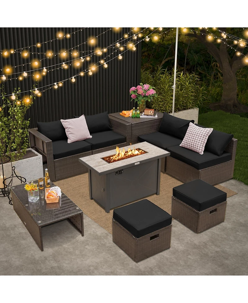 Gouun 9 Pieces Outdoor Patio Furniture Set with 42 Inch Propane Fire Pit Table