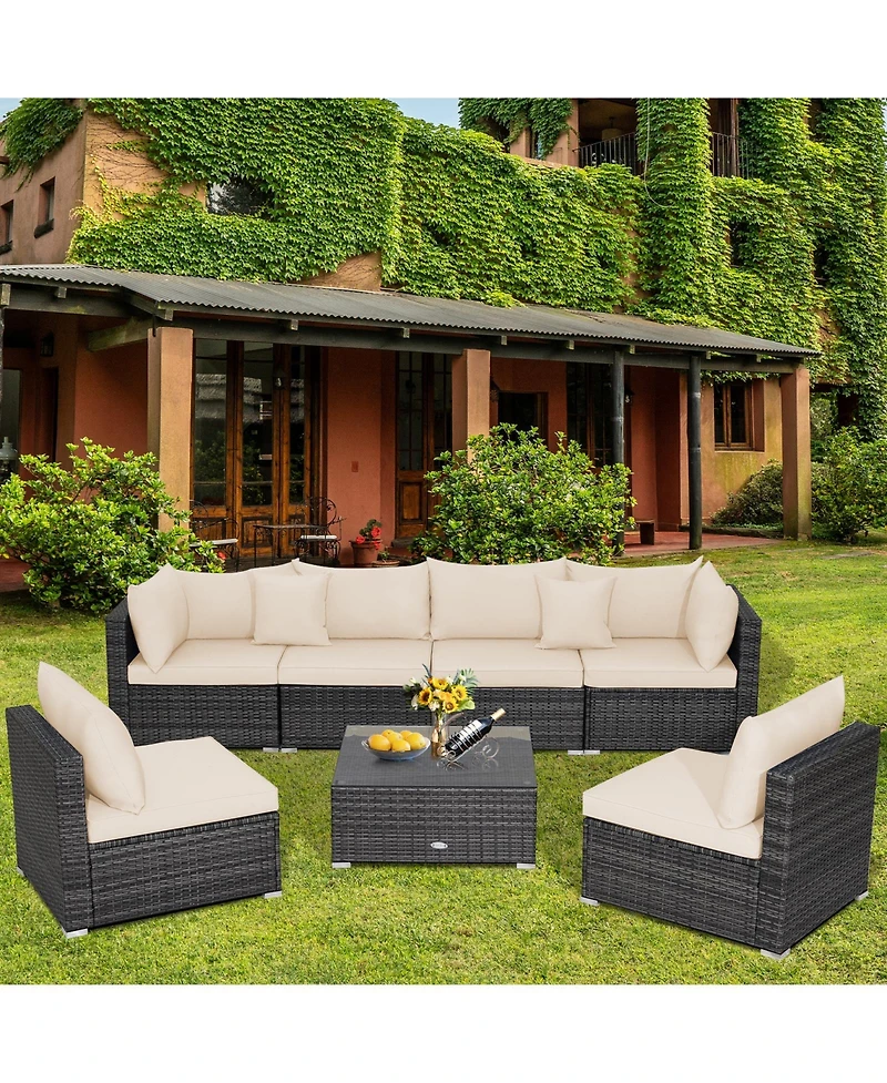 7 Pieces Patio Rattan Furniture Set with Sectional Sofa Cushioned