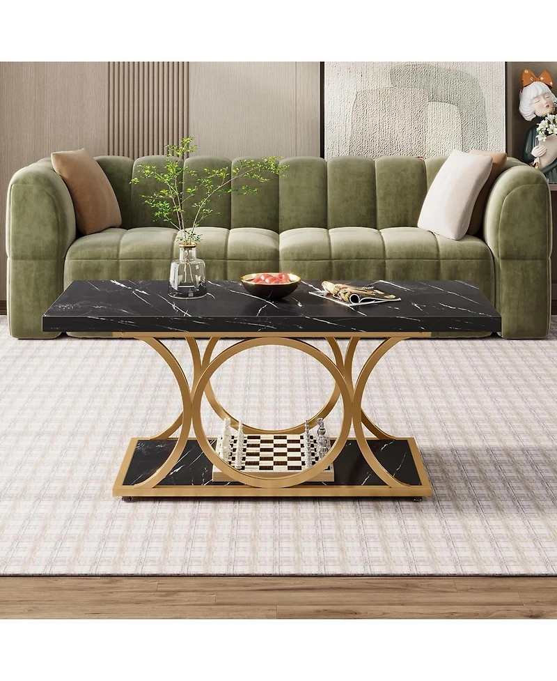 Tribesigns Rectangle Coffee Table, 47.24-inch Modern Coffee Tables for Living Room, 2-Tier Faux Marble Wood Coffee Table with Geometric Metal Legs,Bla