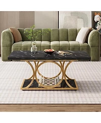 Tribesigns Rectangle Coffee Table, 47.24-inch Modern Coffee Tables for Living Room, 2-Tier Faux Marble Wood Coffee Table with Geometric Metal Legs,Bla