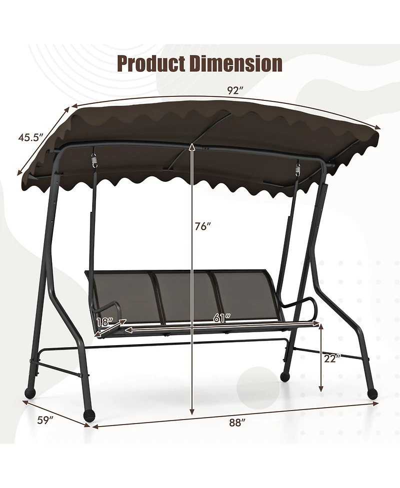 Gouun 3-Seat Outdoor Porch Canopy Swing with Adjustable Shading