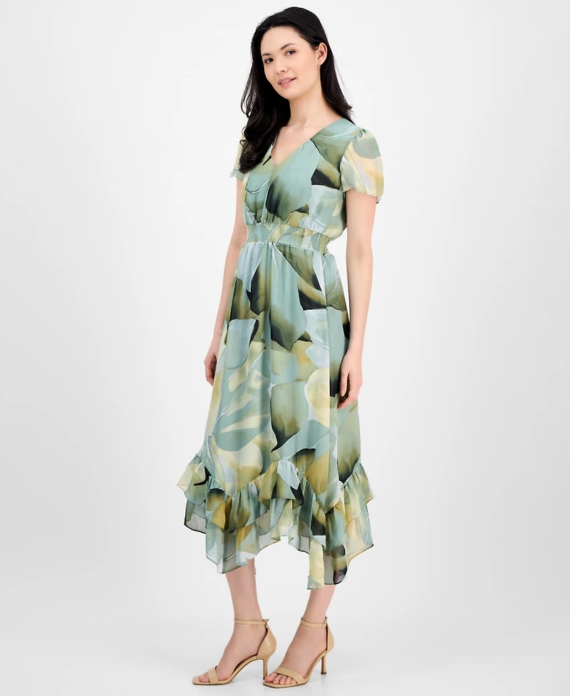 Anne Klein Women's Floral-Print Smocked-Waist Tulip-Sleeve Dress