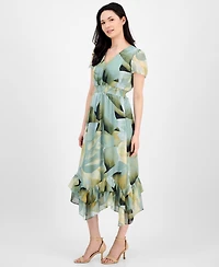 Anne Klein Women's Floral-Print Smocked-Waist Tulip-Sleeve Dress