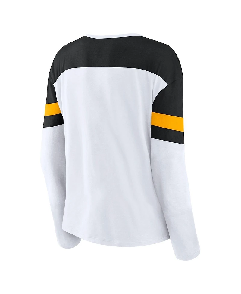 Fanatics Women's White Boston Bruins Frozen Long Sleeve Notch Neck T-Shirt