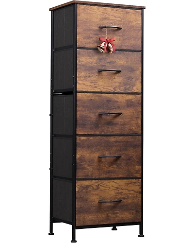Wlive Fabric Dresser 5-Drawer Tall for Bedroom Storage Organizer with Bins Wood Top Sturdy Steel Frame Chest of Drawers Clo