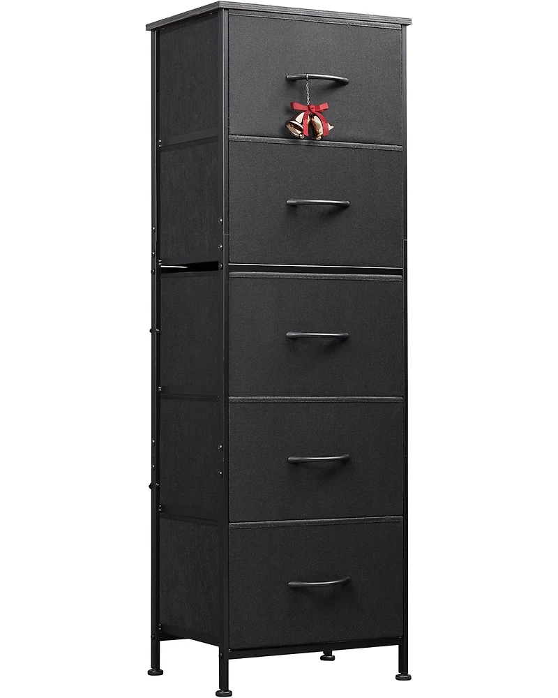 Wlive Fabric Dresser 5-Drawer Tall for Bedroom Storage Organizer with Bins Wood Top Sturdy Steel Frame Chest of Drawers Clo