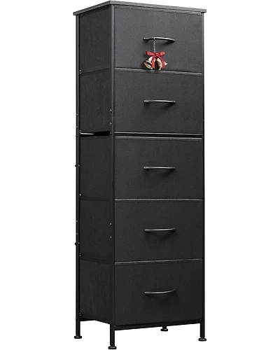 Wlive Fabric Dresser 5-Drawer Tall for Bedroom Storage Organizer with Bins Wood Top Sturdy Steel Frame Chest of Drawers Clo
