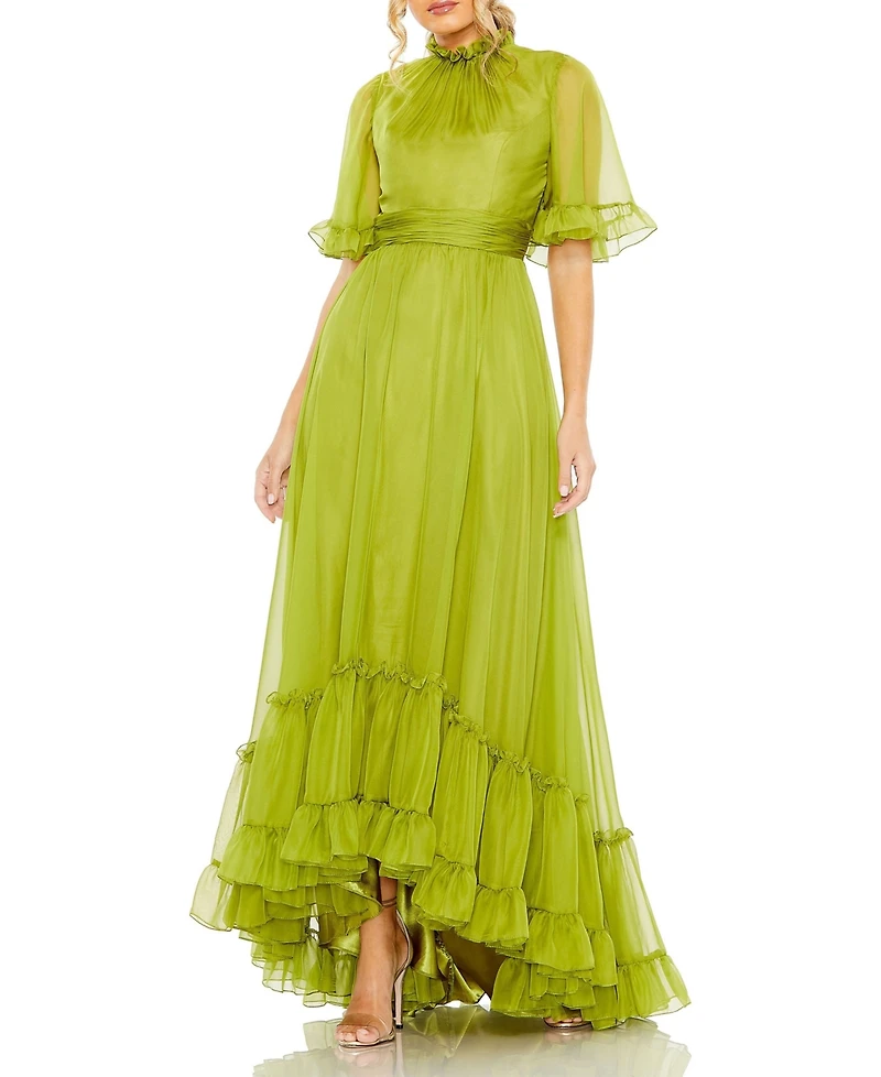 Women's Ruffled High Neck Flutter Sleeve Low Hem Gown