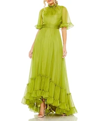 Women's Ruffled High Neck Flutter Sleeve Low Hem Gown