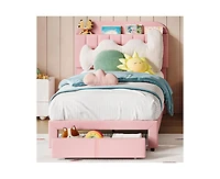 gaomon Twin Bed Frame with Drawer, Velvet Upholstered Platform Bed Frame with Storage Headboard, No Box Spring Needed, Easy Assembly