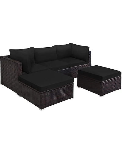 5 Pieces Patio Rattan Sofa Set with Cushion and Ottomans