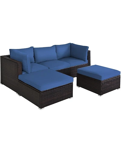 5 Pieces Patio Rattan Sofa Set with Cushion and Ottomans