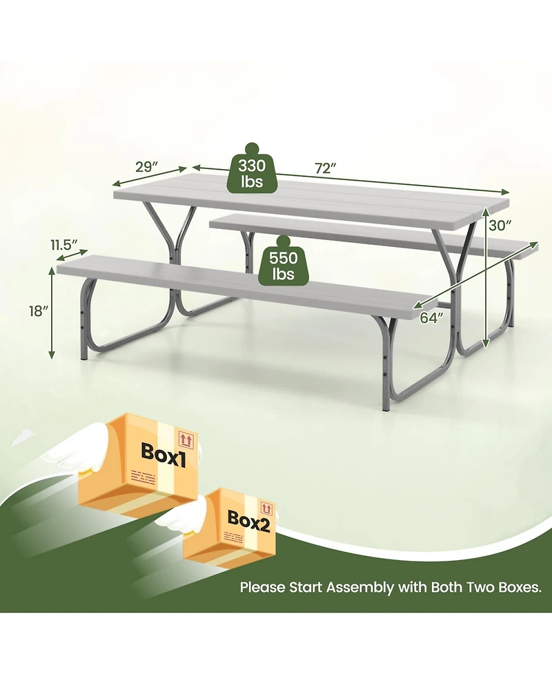 6 Ft Picnic Table Bench Set Dining and 2 Benches with Metal Frame Hdpe Tabletop