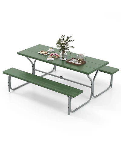 6 Ft Picnic Table Bench Set Dining and 2 Benches with Metal Frame Hdpe Tabletop