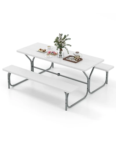 6 Ft Picnic Table Bench Set Dining Table and 2 Benches with Metal Frame and Hdpe Tabletop
