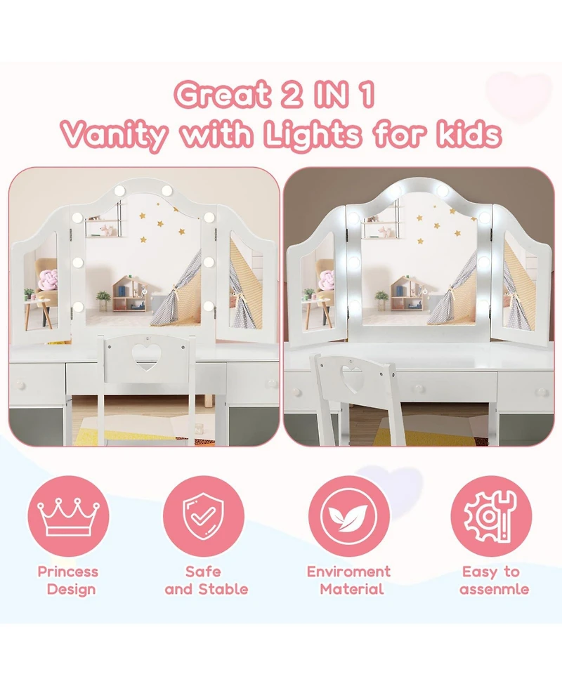 gaomon Kids Vanity Table, Princess Makeup Desk & Chair Set Withtouch Light Detachable Tri-Folding Mirror