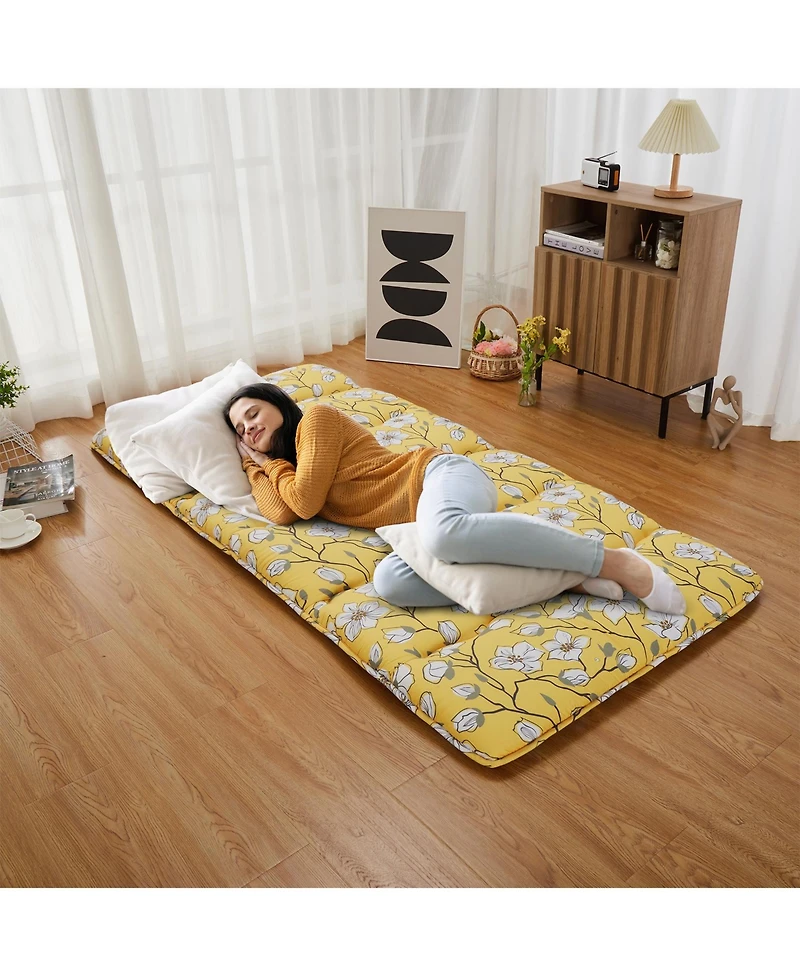 gaomon Japanese Floor Mattress Twin, Thick Tatami Roll-Up Mattress for Camping & Guest Room, Yellow Flower Design