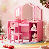 gaomon Kids Vanity Set, 2-in-1 Princess Makeup Table with Tri-Folding Mirror & Drawer, Stool, Toddler Vanity, Pretend Play Set for