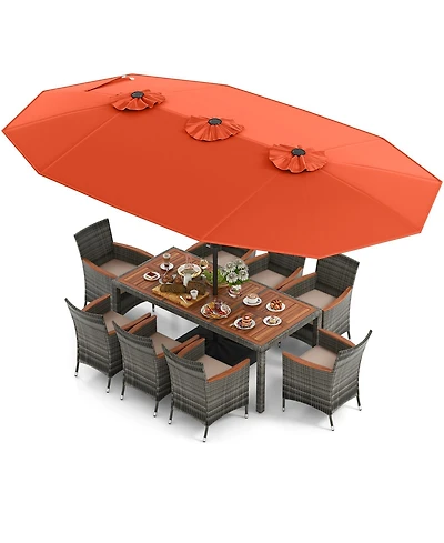 10 Pieces Patio Wicker Dining Set with 15 Feet Double-Sided Umbrella