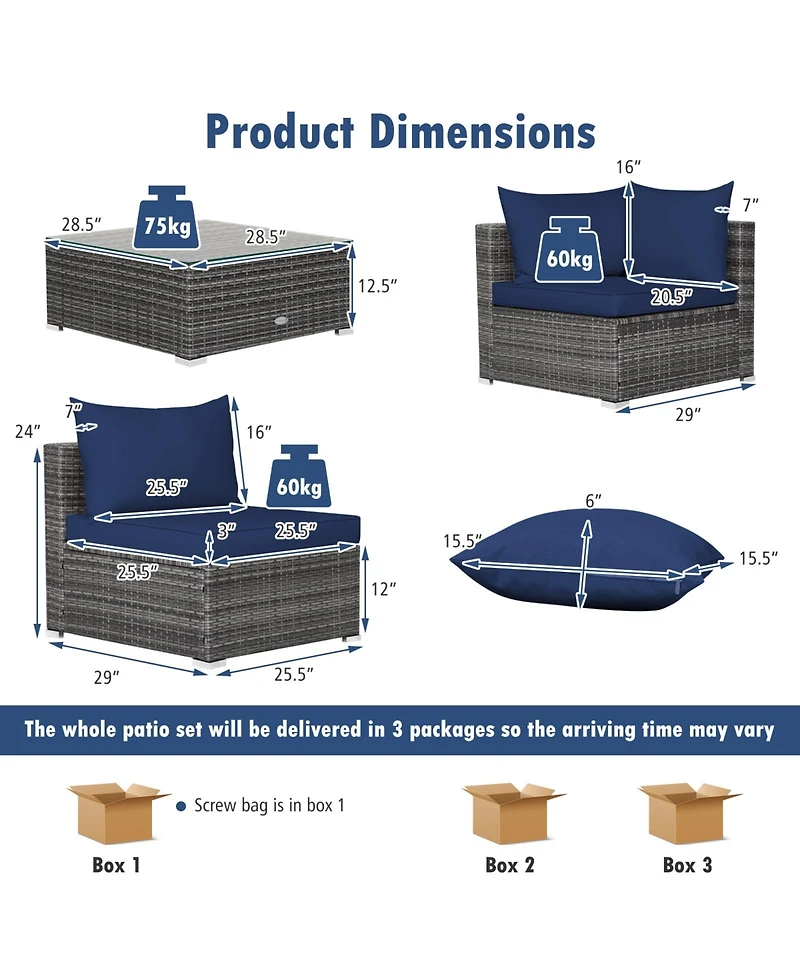7 Pieces Patio Rattan Furniture Set Sectional Sofa Garden Cushion