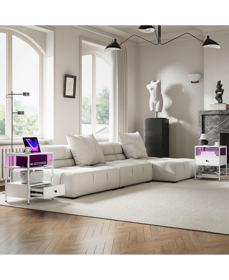Homcom Set of 2 End Tables w/ Power Outlets & Lights for Living Room,