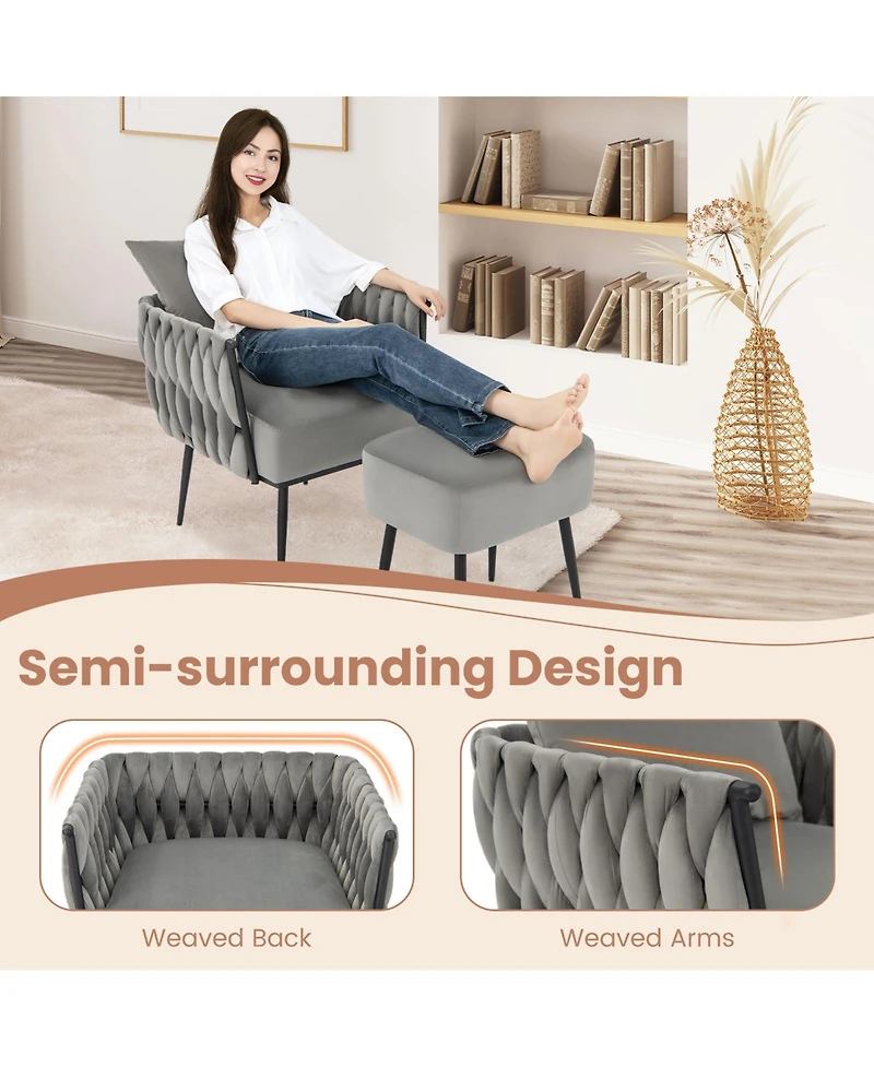 Gouun Modern Dutch Velvet Accent Chair and Ottoman Set with Weaved Back and Arms