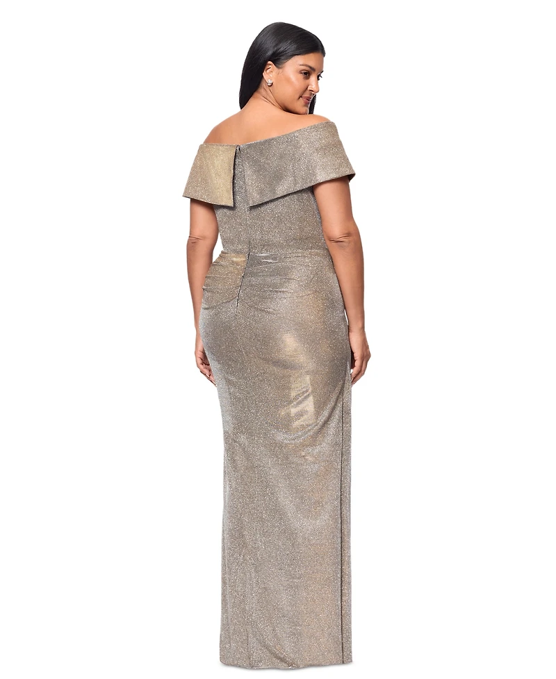 Xscape Plus Sweetheart-Neck Off-The-Shoulder Metallic Gown