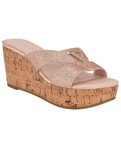 Guess Women's Lonaa Rhinestone Cork Platform Wedge Sandals