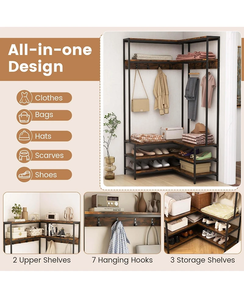 Corner Garment Rack L-shaped Clothes with Open Shelves & Adjustable Foot Pads