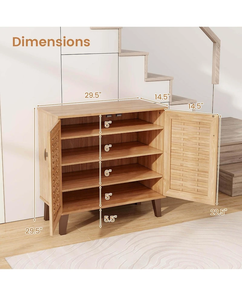 2-Door Shoe Cabinet with Ventilated Woven Doors & 3 Removable Shelves for Entryway