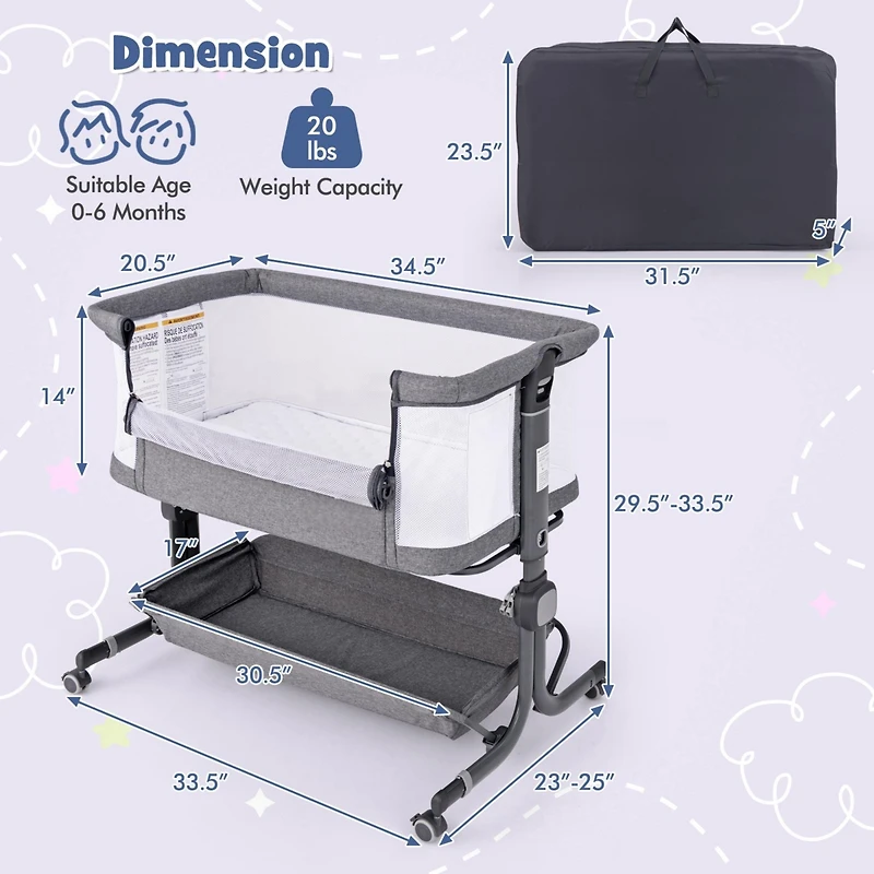 Gouun Baby Bassinet Bedside Sleeper with 6-Level Adjustable Height