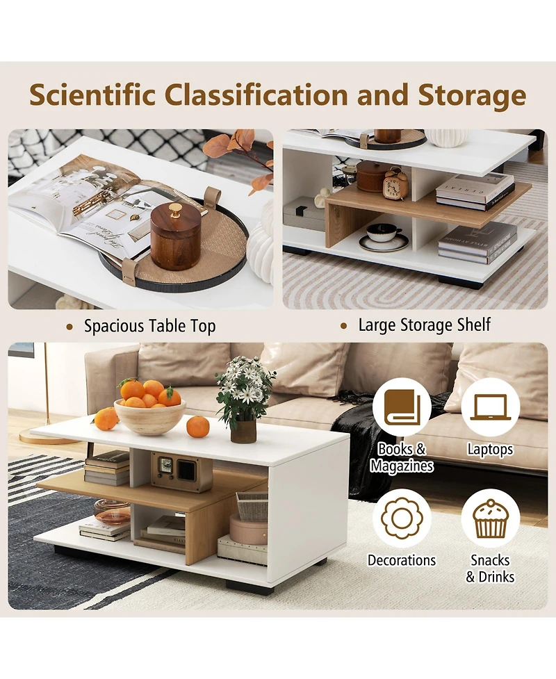 Gouun Rectangular Table with L-shaped Middle Shelf