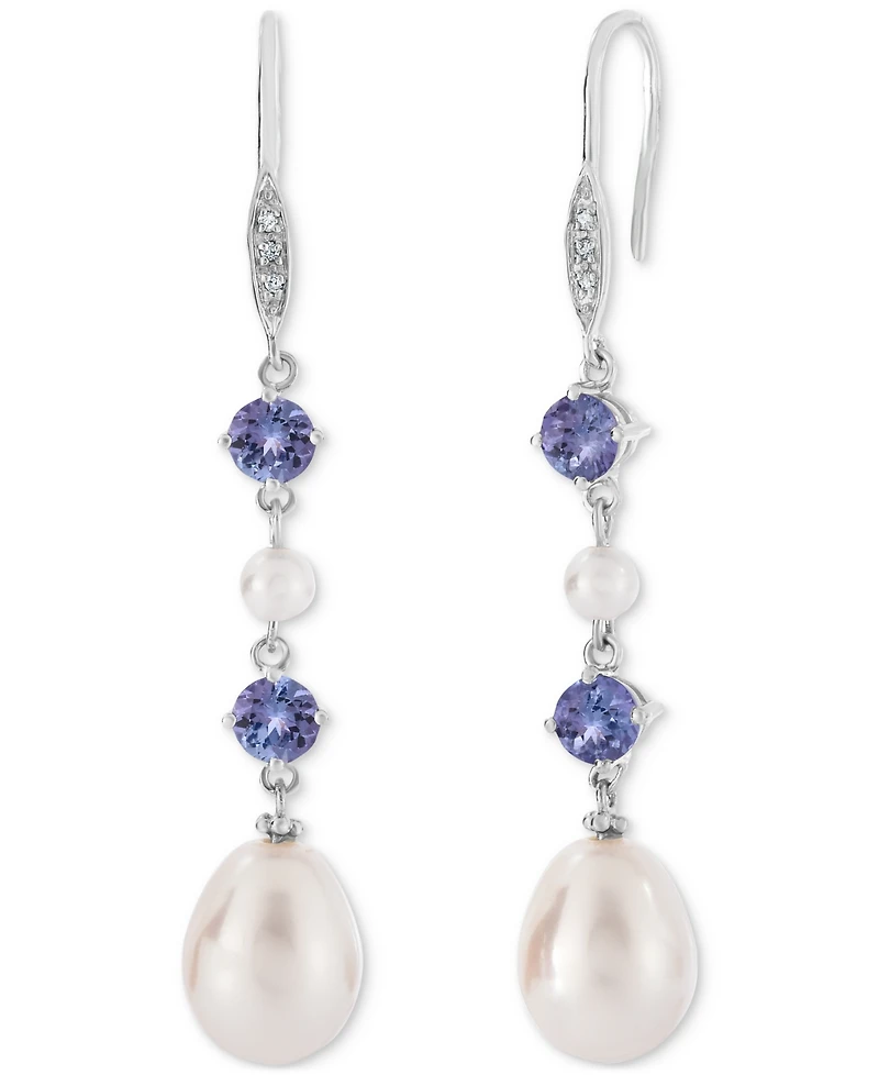 Tanzanite (1 ct. t.w.), Cultured Freshwater Pearl (3mm, 10x7mm) & Diamond Accent Linear Drop Earrings in Sterling Silver