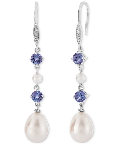 Tanzanite (1 ct. t.w.), Cultured Freshwater Pearl (3mm, 10x7mm) & Diamond Accent Linear Drop Earrings in Sterling Silver