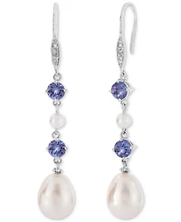 Tanzanite (1 ct. t.w.), Cultured Freshwater Pearl (3mm, 10x7mm) & Diamond Accent Linear Drop Earrings in Sterling Silver