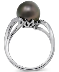 Cultured Tahitian Pearl (9-1/2mm) & Diamond Accent Ring in Sterling Silver