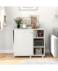 Folding Sewing Table with Storage Shelves 2 Storage Bins & 18 Pegs Lockable Casters