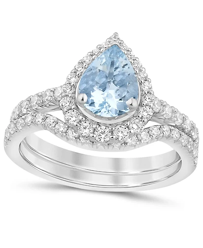 Aquamarine (1 ct. t.w.) & Diamond (3/4 Pear Halo Bridal Set 14k White Gold