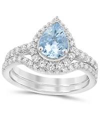 Aquamarine (1 ct. t.w.) & Diamond (3/4 Pear Halo Bridal Set 14k White Gold