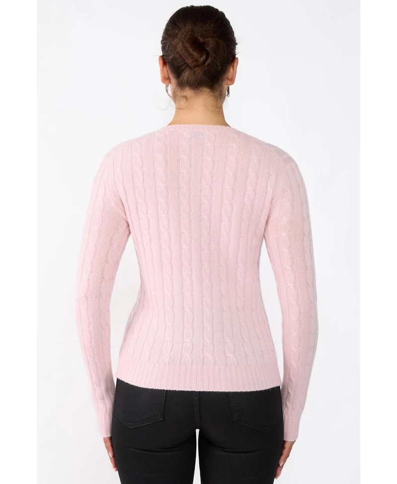 Jennie Liu Women's 100% Cashmere Cable-knit Long Sleeve Pullover V Neck Sweater