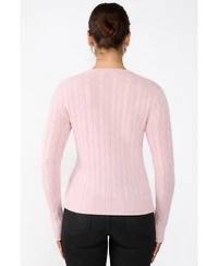 Jennie Liu Women's 100% Cashmere Cable-knit Long Sleeve Pullover V Neck Sweater
