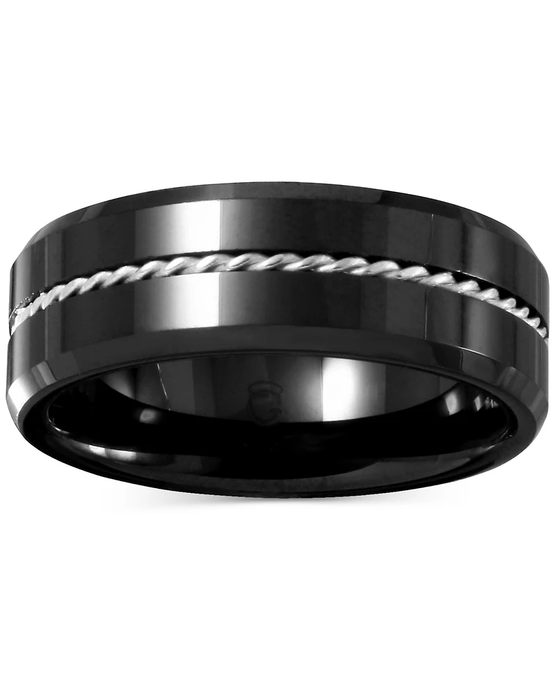 Men's Black Ceramic & Sterling Silver Twist Rope Band