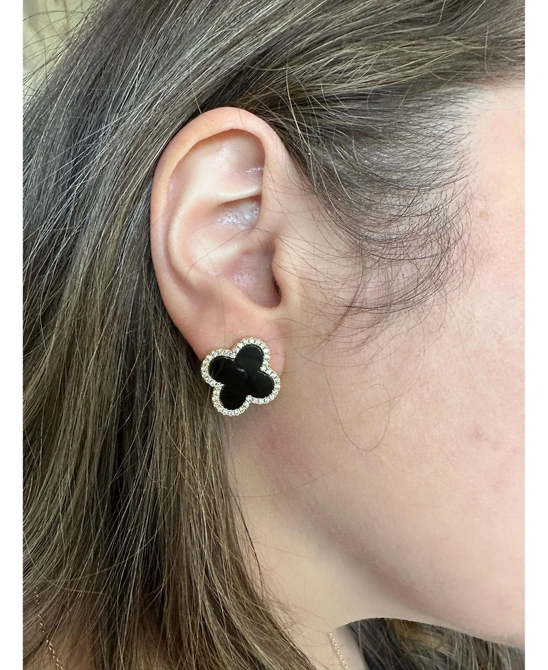 Rivka Friedman Onyx and Cubic Zirconia Clover Stud Earrings