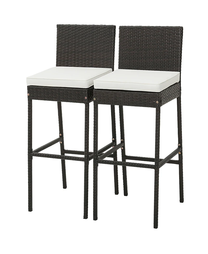 2 Pcs Patio Wicker Barstools Bar Height Chairs W/ Cushions Backyard