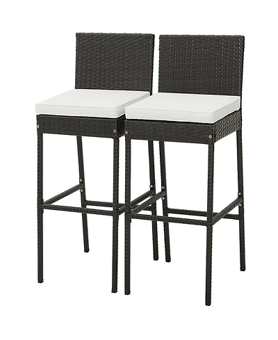 2 Pcs Patio Wicker Barstools Bar Height Chairs W/ Cushions Backyard