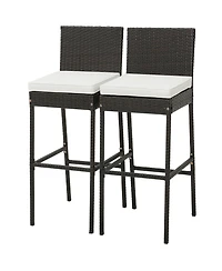 2 Pcs Patio Wicker Barstools Bar Height Chairs W/ Cushions Backyard