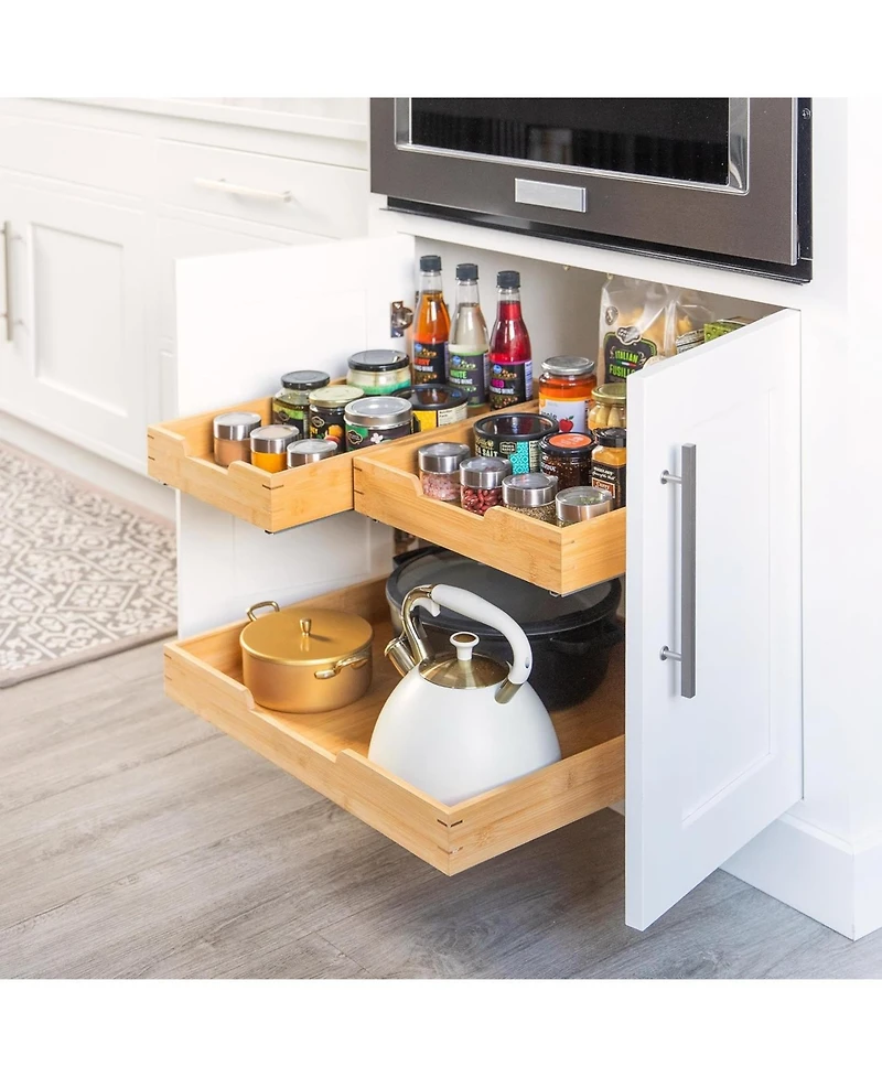 Florida Brands Bamboo Wooden Pull Out Cabinet Organizer with Heavy Duty Metal Rails and Bamboo Basket x 20 In